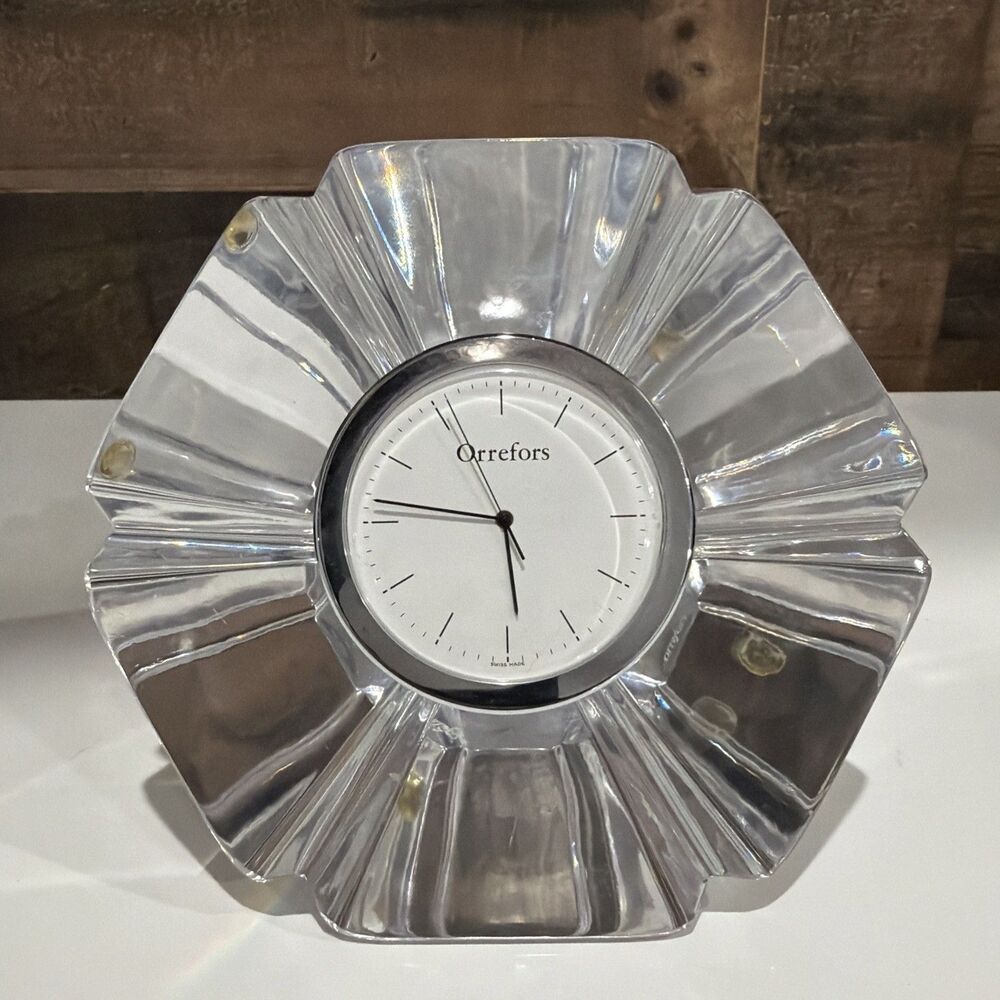 Swedish Orrefors Clear Crystal Clock Paperweight